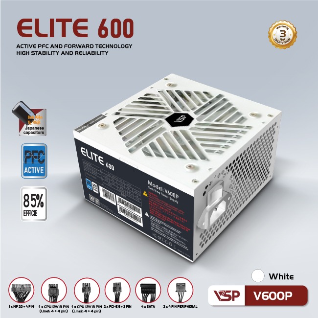 Nguồn VSP Elite V600P Trắng