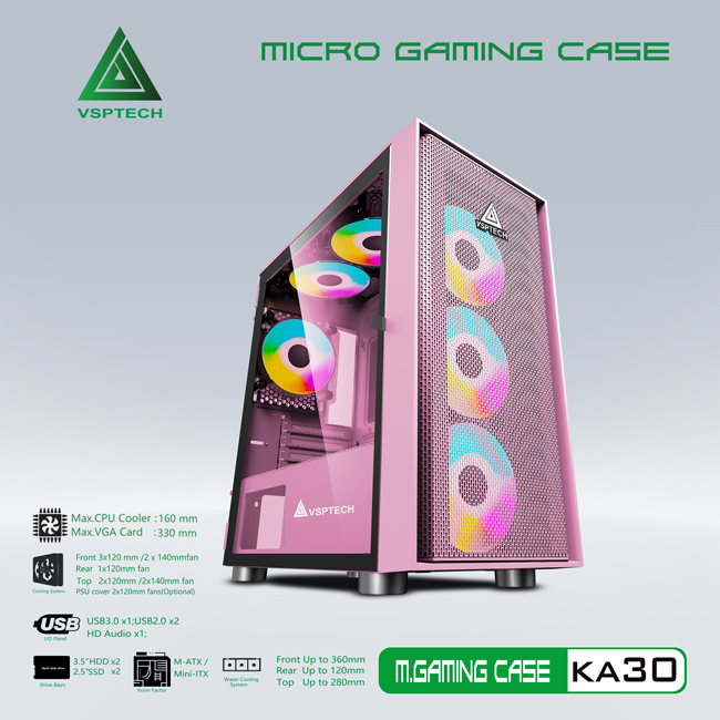 Thùng máy Case VSP Gaming HA01 Pink (No Fan)